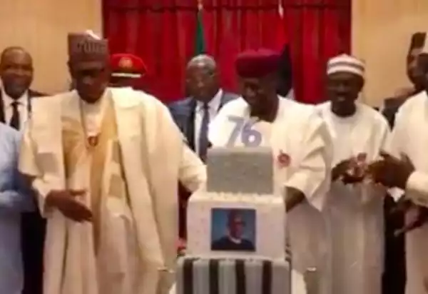 Buhari Cuts His 76th Birthday Cake In Aso Rock, Abba Kyari Sings
